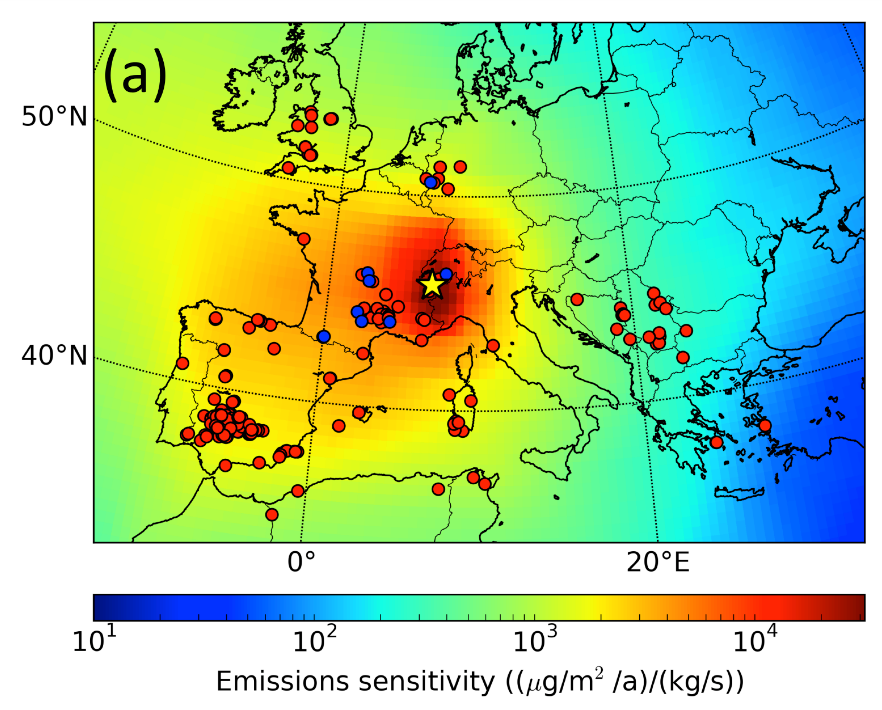 Simulations qui évaluent la sensibilité du dépôt de plomb au col du Dôme (étoile jaune) à la localisation géographique de l’émission. Cette carte indique également l’emplacement des principales mines connues de l’Antiquité romaine. Pour la région située ~500 km autour des Alpes, en bleu celles supposées actives dès la République romaine et en rouge celles qui le seront plus tard. En dehors de cette zone, toutes les autres mines sont reportées en rouge, quelle que soit l’époque. La glace alpine est donc représentative de l’atmosphère de haute altitude qui est alimentée par les émissions de France, Espagne, Italie, îles du bassin méditerranéen, et dans une moindre mesure d’Allemagne et Angleterre. ©CNRS